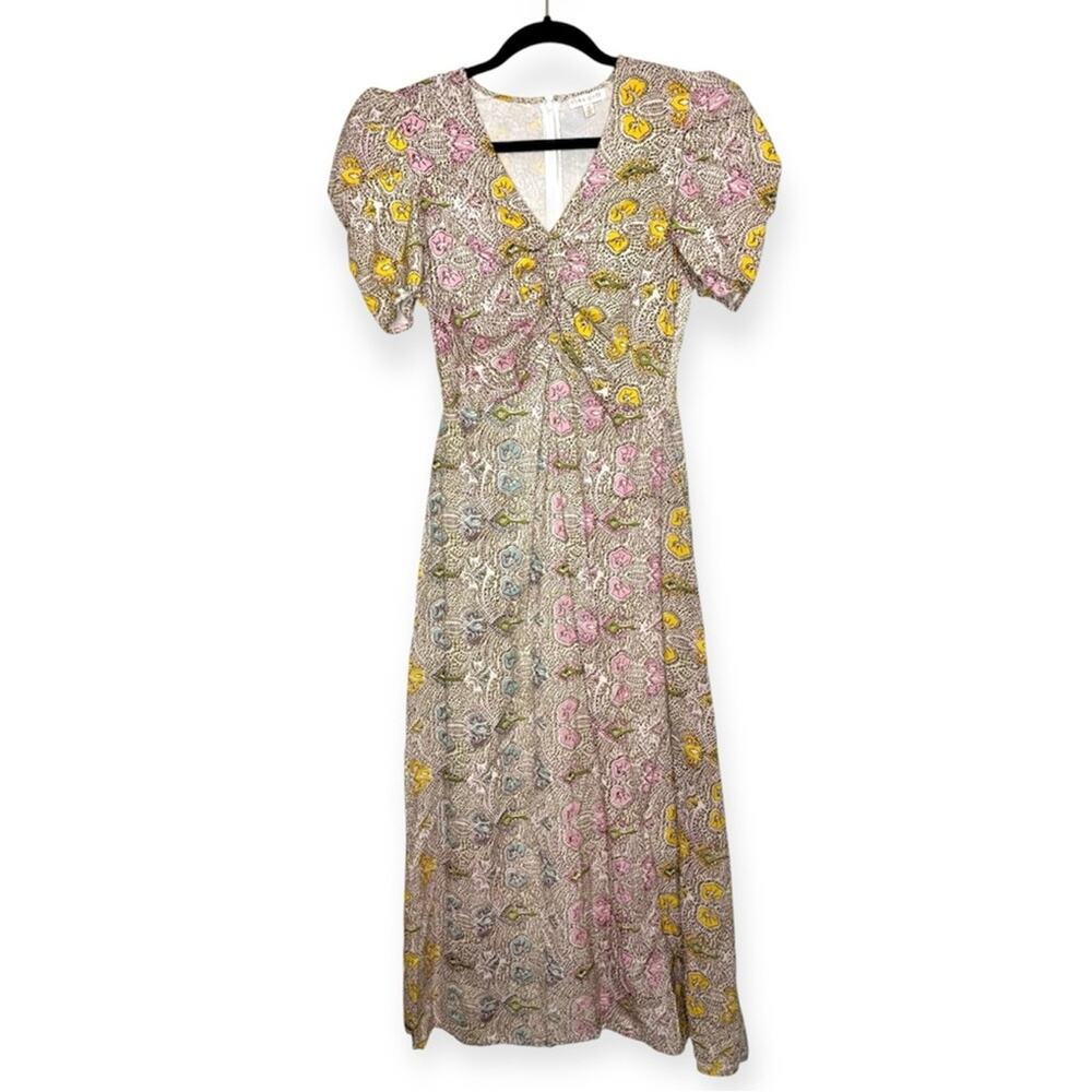 Anna Cate Midi dress puffy sleeves floral colorful 100% cotton lined size XS - Picture 1 of 7